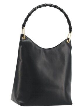 GUCCI Bamboo Shoulder Bag Leather Black Gold Auth 175213